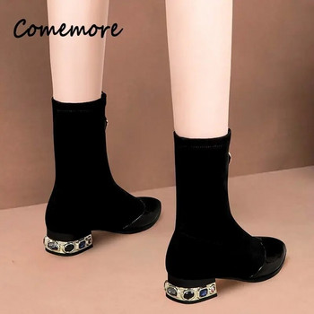Дамски ботуши с къси чорапи Comemore Дамски ботуши Пролетни дамски зимни обувки със страз квадратен ток на среден ток Луксозни дамски обувки Zapatos Mujer