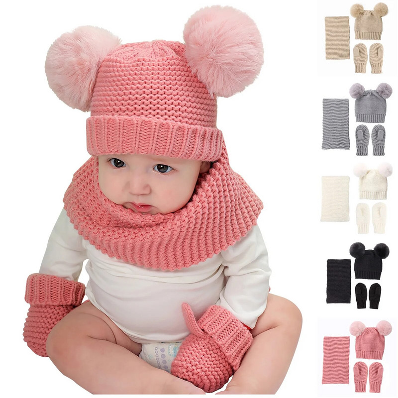 Three Of Gloves Mütsikomplekt Talve Kids Imiku mütsid Sall Kindad Komplekt Soe lõng Villane Talvisall Laste Tükk Mütsid шапка детская