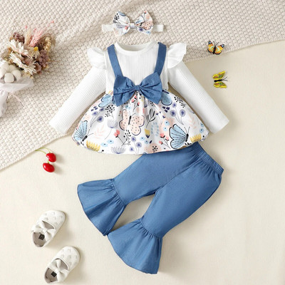 Kompleti odjeće za djevojčice od 3 kom. Crveni gornji dio s mašnama Hlače s ljubavnim printom Ležerna odjeća za dojenčad Odjeća za novorođenčad 3M 6M 12M