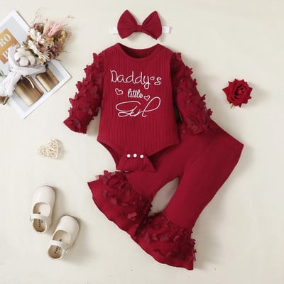 Kompleti odjeće za djevojčice od 3 kom. Crveni gornji dio s mašnama Hlače s ljubavnim printom Ležerna odjeća za dojenčad Odjeća za novorođenčad 3M 6M 12M