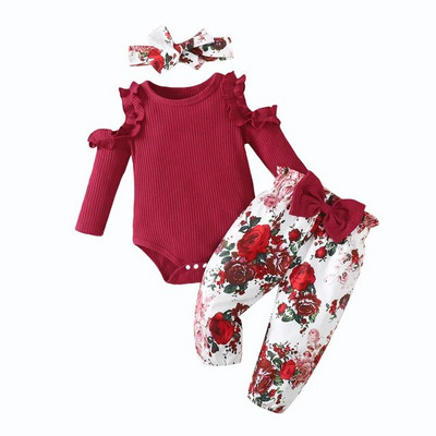 Kompleti odjeće za djevojčice od 3 kom. Crveni gornji dio s mašnama Hlače s ljubavnim printom Ležerna odjeća za dojenčad Odjeća za novorođenčad 3M 6M 12M