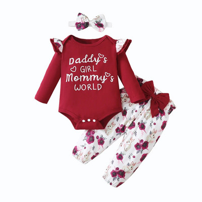 Kompleti odjeće za djevojčice od 3 kom. Crveni gornji dio s mašnama Hlače s ljubavnim printom Ležerna odjeća za dojenčad Odjeća za novorođenčad 3M 6M 12M