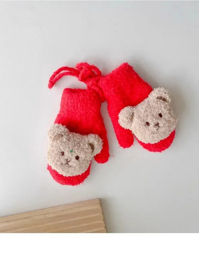 1 ζευγάρι ζεστά γάντια για παιδιά χαριτωμένα γάντια κούκλας κινουμένων σχεδίων για αρκουδάκι για αγοράκι Kawaii Φθινοπωρινά, Χειμερινά βελούδινα γάντια για νήπια