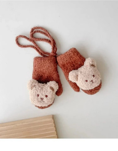 1 ζευγάρι ζεστά γάντια για παιδιά χαριτωμένα γάντια κούκλας κινουμένων σχεδίων για αρκουδάκι για αγοράκι Kawaii Φθινοπωρινά, Χειμερινά βελούδινα γάντια για νήπια