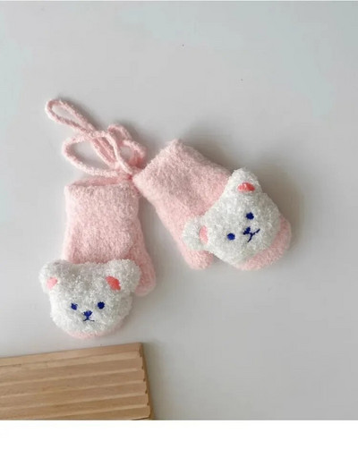 1 ζευγάρι ζεστά γάντια για παιδιά χαριτωμένα γάντια κούκλας κινουμένων σχεδίων για αρκουδάκι για αγοράκι Kawaii Φθινοπωρινά, Χειμερινά βελούδινα γάντια για νήπια