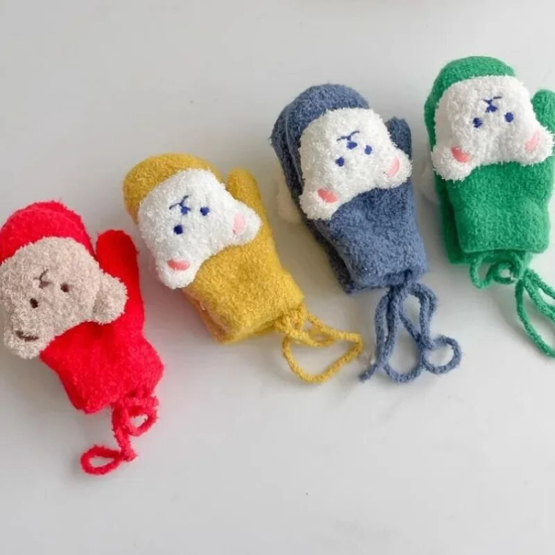 1 ζευγάρι ζεστά γάντια για παιδιά χαριτωμένα γάντια κούκλας κινουμένων σχεδίων για αρκουδάκι για αγοράκι Kawaii Φθινοπωρινά, Χειμερινά βελούδινα γάντια για νήπια