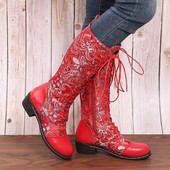Nou Leac Up Broderie Flori Cizme înalte până la genunchi Femei Etnic Retro Toc gros Cizme cavaler mărime mare 2022 Toamna Botas De Mujer