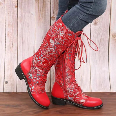 Nou Leac Up Broderie Flori Cizme înalte până la genunchi Femei Etnic Retro Toc gros Cizme cavaler mărime mare 2022 Toamna Botas De Mujer