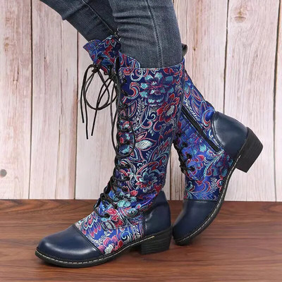 Nou Leac Up Broderie Flori Cizme înalte până la genunchi Femei Etnic Retro Toc gros Cizme cavaler mărime mare 2022 Toamna Botas De Mujer