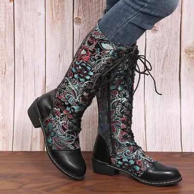 Nou Leac Up Broderie Flori Cizme înalte până la genunchi Femei Etnic Retro Toc gros Cizme cavaler mărime mare 2022 Toamna Botas De Mujer