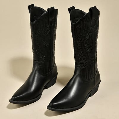 Tikitud mustad kauboisaapad, naiste 2023. aasta sügissaapad, terava varbaga, sääre keskosa saapad, naiste nahast paksud kontsad Botas De Mujer