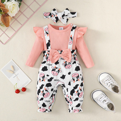 Salopetă pentru bebeluși nou-născuți pentru fete, fundă, modă din bumbac, cu mânecă lungă, cu imprimeu dragoste pentru bebeluși, salopete 0-3 luni