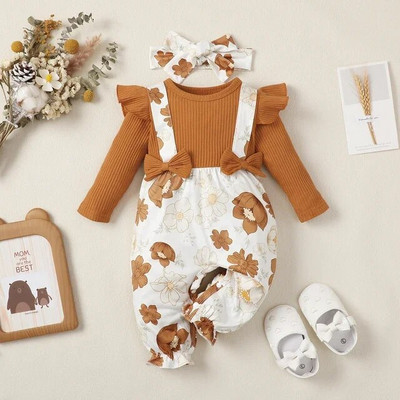 Salopetă pentru bebeluși nou-născuți pentru fete, fundă, modă din bumbac, cu mânecă lungă, cu imprimeu dragoste pentru bebeluși, salopete 0-3 luni