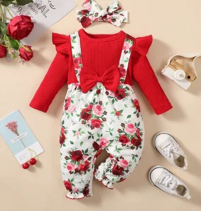 Salopetă pentru bebeluși nou-născuți pentru fete, fundă, modă din bumbac, cu mânecă lungă, cu imprimeu dragoste pentru bebeluși, salopete 0-3 luni