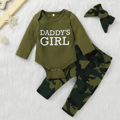 0M-12M Sugar fete vară verde armată geantă cu mâneci scurte haină triunghi Ha haine + pantaloni de camuflaj Set din trei piese
