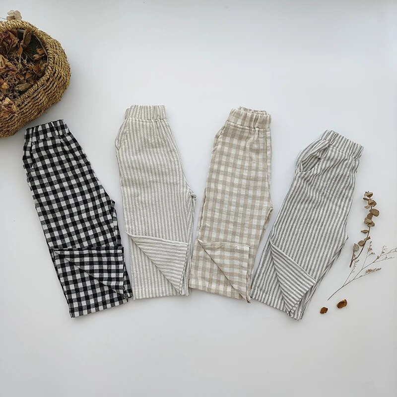 2022 Detské ľanové nohavice Jesenné batoľacie detské módne nohavice Kockované pásy Casual Zimné džínsy Cargo Roupa Infantil Menina Pantalones
