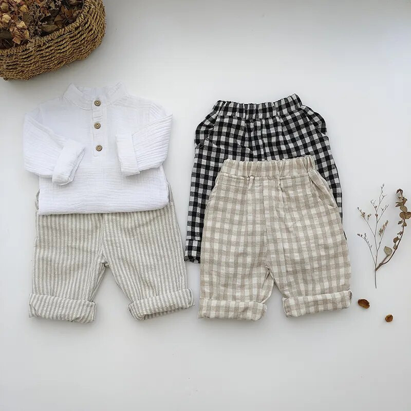2022 Detské ľanové nohavice Jesenné batoľacie detské módne nohavice Kockované pásy Casual Zimné džínsy Cargo Roupa Infantil Menina Pantalones