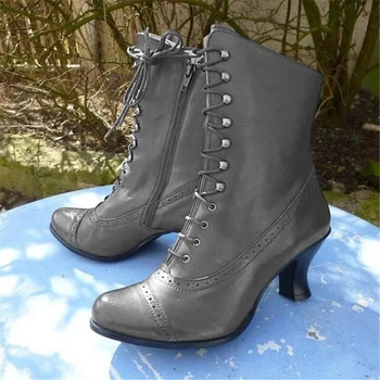 Χειμερινά Lace Up Γυναικεία ψηλοτάκουνα παπούτσια Μπότα μοτοσυκλέτας Βικτοριανές μπότες Γυναικείες μπότες μόδας με μυτερά δάχτυλα Κοντή μπότα με χοντρή σόλα 2024