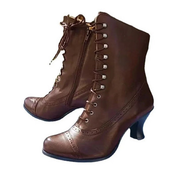 Зимни дамски обувки с връзки на висок ток Мотоциклетни ботуши Викториански ботуши Дамски модни остри пръсти Къси ботуши с дебела подметка 2024