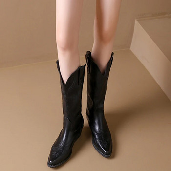 Κεντημένες καουμπόικες γυναικείες μπότες 2023 φθινόπωρο καουμπόισσα με μυτερά δάχτυλα χοντρά τακούνια Ψηλές μπότες καφέ με ψηλά γόνατα