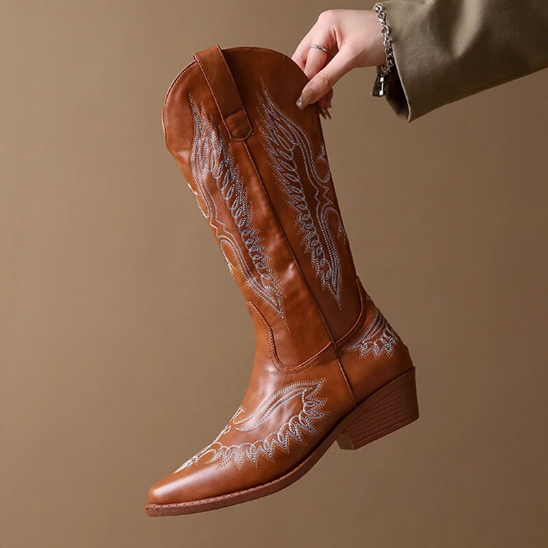 Cizme occidentale de cowboy brodate femei 2023 toamna cowgirl varf ascutit tocuri groase cizme maro pana la genunchi Bote lungi