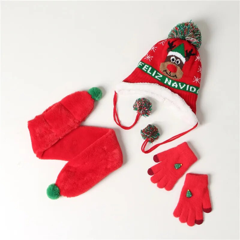 FOCUSNORM 5 stílusú karácsonyi baba lány fiú sapka + sál + kesztyű meleg rajzfilm kötés szarvas szőrgolyóval