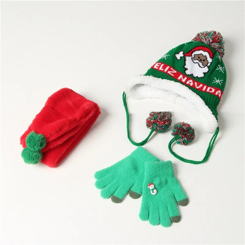 FOCUSNORM 5 stílusú karácsonyi baba lány fiú sapka + sál + kesztyű meleg rajzfilm kötés szarvas szőrgolyóval