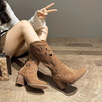 Γυναικείες γυναικείες γυναικείες vintage κεντημένες vintage μπότες 2023 φθινοπωρινές χονδρές γόβες ψηλά στο γόνατο Καουμπόικες μπότες Woman Pu Leather Knight Booties