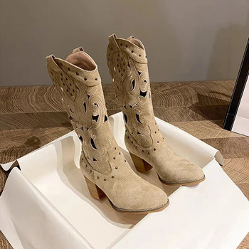 Γυναικείες γυναικείες γυναικείες vintage κεντημένες vintage μπότες 2023 φθινοπωρινές χονδρές γόβες ψηλά στο γόνατο Καουμπόικες μπότες Woman Pu Leather Knight Booties