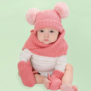 0-3 години Зимна дебела топла плетена бебешка шапка Шал Ръкавици Комплект голям помпон Шапка за новородено малко дете Удебелена шапка за бебе момче момиче Боне