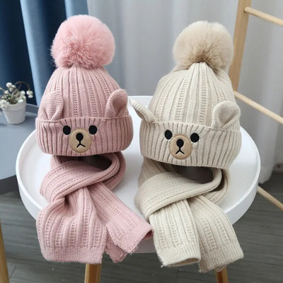 Új téli gyerek fiúk lányok meleg sapka sál készlet baba plüss sapka aranyos CARTOON Bear pulóver kötött sapka PUHA kényelmes sál