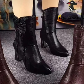 Χειμερινές φθινοπωρινές μαλακές δερμάτινες γυναικείες μπότες Μόδα Mid-tube Mother Boots Δερμάτινες μπότες πλατφόρμας με μυτερές μπότες βρετανικού στυλ Ιππασίας