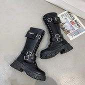 2022 Γυναικείες μπότες φθινοπώρου χειμερινού πανκ δερμάτινες μπότες με φερμουάρ Μπότες ιππασίας με σταυρωτό δέσιμο ψηλοτάκουνα παπούτσια Γυναικεία