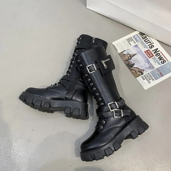 2022 Γυναικείες μπότες φθινοπώρου χειμερινού πανκ  δερμάτινες μπότες με φερμουάρ Μπότες ιππασίας με σταυρωτό δέσιμο ψηλοτάκουνα παπούτσια Γυναικεία
