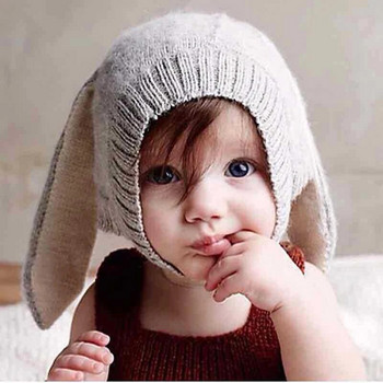 Κινούμενα σχέδια, Κουνέλι με μακριά αυτιά, πλεκτό καπέλο για μωρό Φθινόπωρο, Χειμερινό Βρεφικό Καπέλο Beanie Μονόχρωμο, χαριτωμένο λαγουδάκι, Παιδικό καπό με αυτί