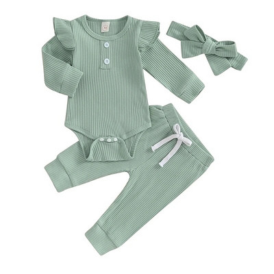 0-24M Bebeluși Fete Ținute de toamnă Culoare uni Costuri cu mâneci lungi Salopetă Topuri + Pantaloni + Bandă 3Buc Seturi Haina bebeluși