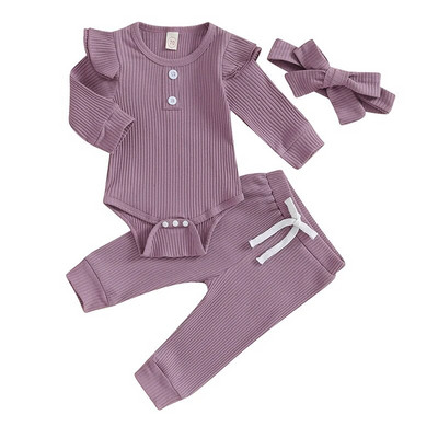 0-24M Bebeluși Fete Ținute de toamnă Culoare uni Costuri cu mâneci lungi Salopetă Topuri + Pantaloni + Bandă 3Buc Seturi Haina bebeluși