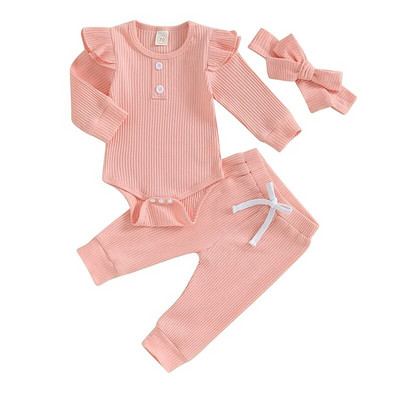 0-24M Bebeluși Fete Ținute de toamnă Culoare uni Costuri cu mâneci lungi Salopetă Topuri + Pantaloni + Bandă 3Buc Seturi Haina bebeluși