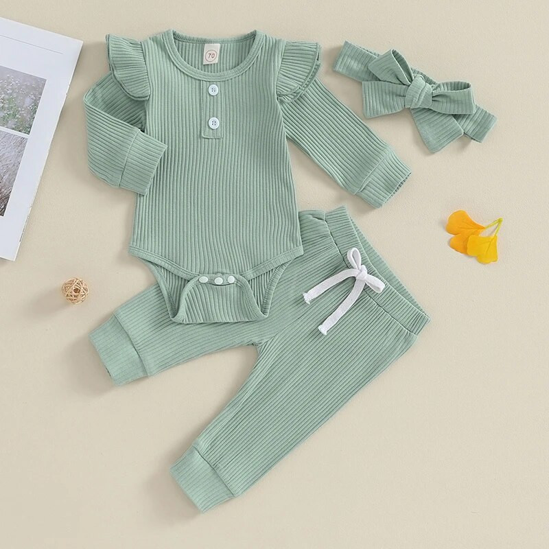 0-24M Bebeluși Fete Ținute de toamnă Culoare uni Costuri cu mâneci lungi Salopetă Topuri + Pantaloni + Bandă 3Buc Seturi Haina bebeluși