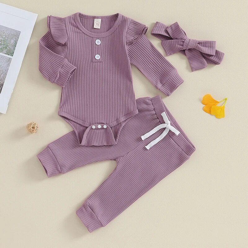 0-24M Bebeluși Fete Ținute de toamnă Culoare uni Costuri cu mâneci lungi Salopetă Topuri + Pantaloni + Bandă 3Buc Seturi Haina bebeluși