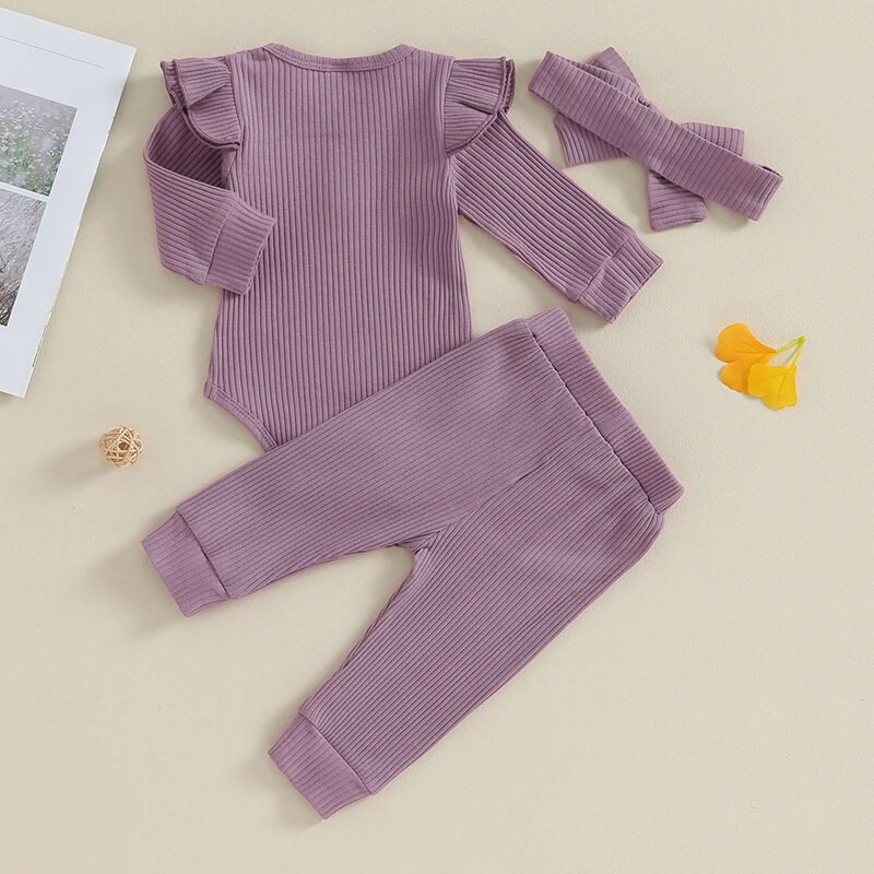 0-24M Bebeluși Fete Ținute de toamnă Culoare uni Costuri cu mâneci lungi Salopetă Topuri + Pantaloni + Bandă 3Buc Seturi Haina bebeluși