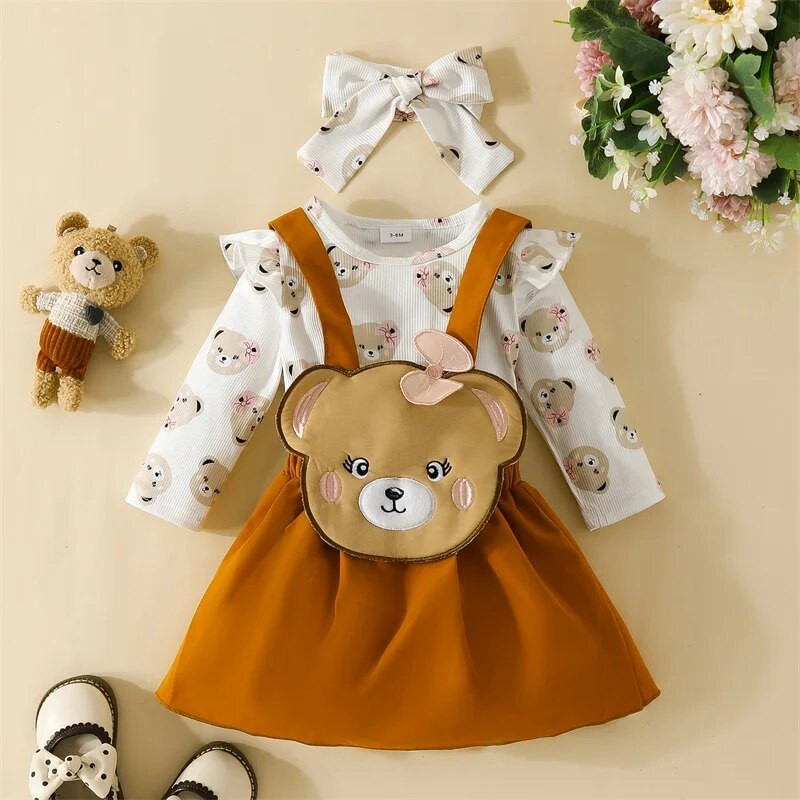 0-18M Bee Girls Lovely Bear Kombinesoonid Vastsündinu imiku pikkade varrukatega püksid ja seelik + peavõru komplektid beebiriided