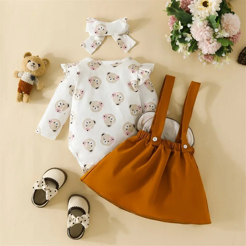 0-18M Bee Girls Lovely Bear Kombinesoonid Vastsündinu imiku pikkade varrukatega püksid ja seelik + peavõru komplektid beebiriided