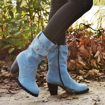Μοναδικές γυναικείες χειμερινές μπότες φθινοπώρου 2023 Παπούτσια με σχέδιο τζιν για κορίτσια Μπότες με ψηλό τακούνι με τσέπη στη μέση της γάμπας Χειμερινά γυναικεία παπούτσια
