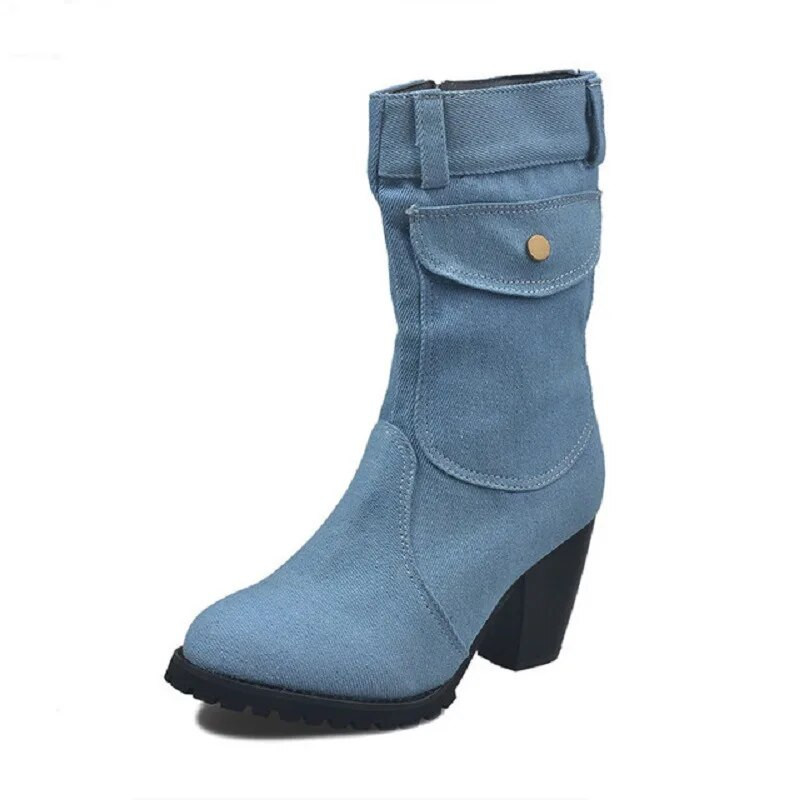 Unikaalsed 2023. aasta naiste sügistalvisaapad, teksadisainiga jalatsid tüdrukutele, sääre keskosa taskuga kõrge kontsaga saapad, naiste talvekingad