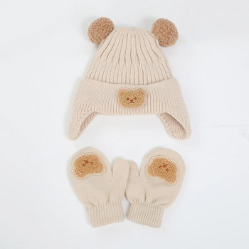 Cute Bear Pompom Baby καπέλα Γάντια Σετ κινουμένων σχεδίων Χειμερινό πλεκτό Beanie και γάντια για κορίτσια Αγόρι βελονάκι Καπέλα καιρού Αξεσουάρ μωρού