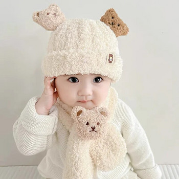 Μωρό Φθινοπωρινό και Χειμώνα Σετ κασκόλ καθαρό βαμβακερό κασκόλ Χαριτωμένο μωρό και παιδικό βελούδινο καπέλο για κορίτσια Χειμερινό ζεστό κασμίρ καπέλο