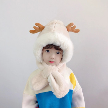 Зимен детски шал и шапка Шапки с уши с шапка за деца Сладка форма на пате Удебелява се и поддържа топлина за студено време Симпатична форма на елен