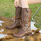 Lucyever Vintage Πλατφόρμα Cowboy Boots για Γυναικείες Επωνυμίες Σχεδιαστής με πόρπη Mid Calf Μπότες Woman Punk Χοντρά Τακούνια Pu Leather Botas
