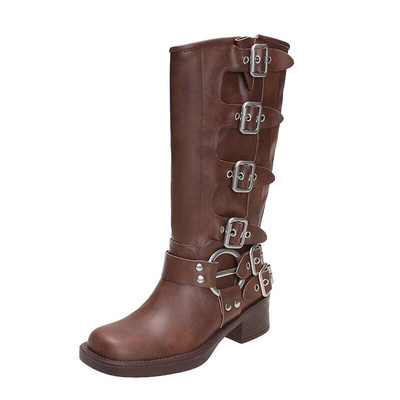 Lucyever Vintage Πλατφόρμα Cowboy Boots για Γυναικείες Επωνυμίες Σχεδιαστής με πόρπη Mid Calf Μπότες Woman Punk Χοντρά Τακούνια Pu Leather Botas